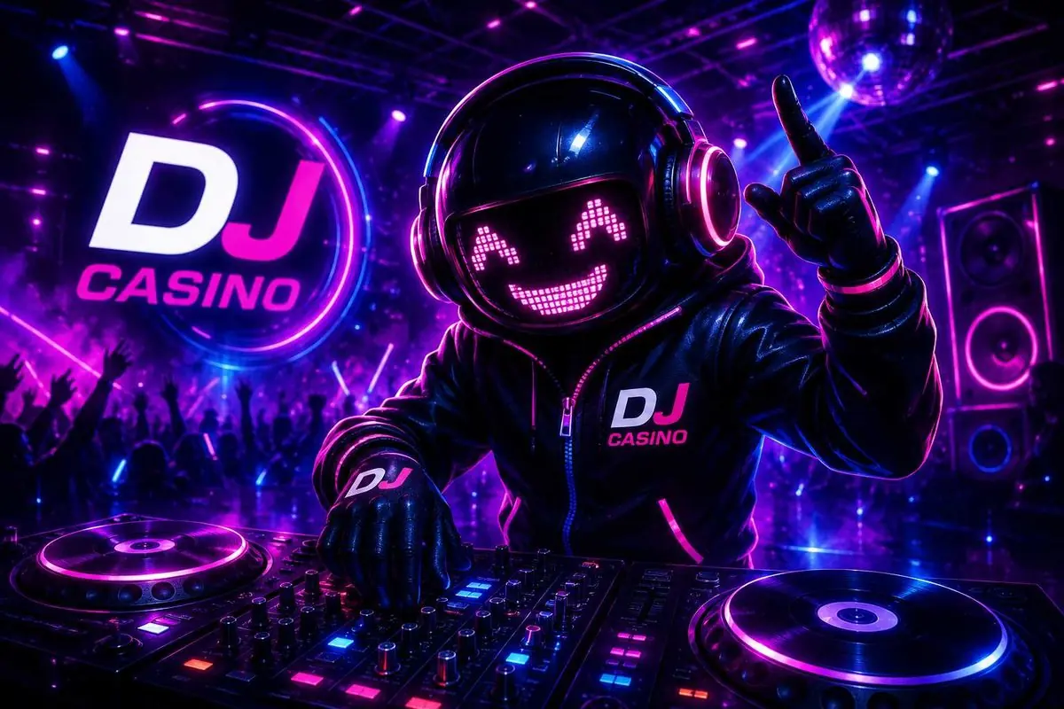 Maskot DJ Casino pri gramofónoch so slúchadlami na ušiach